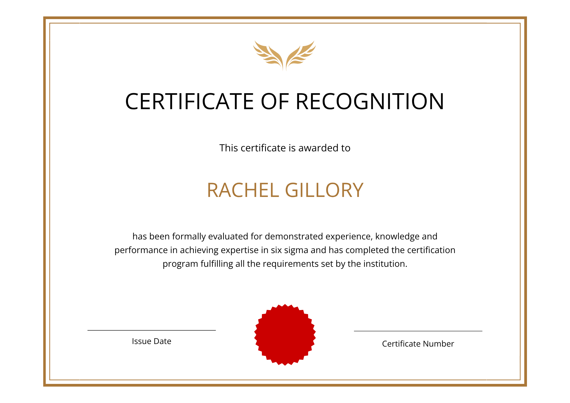 Formal Six Sigma Certificate Sample for Training Completion